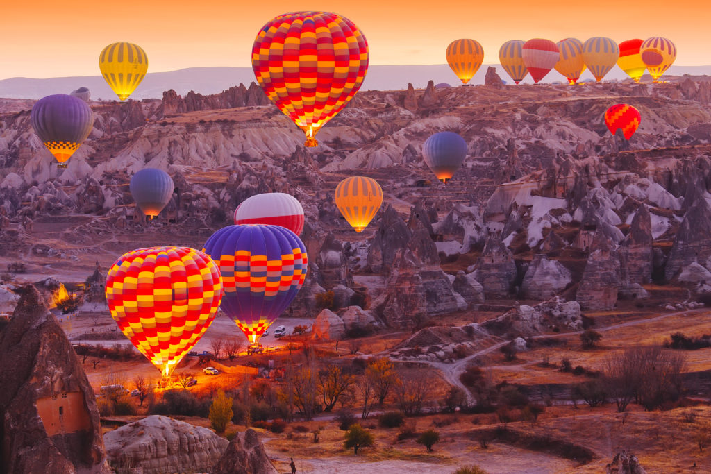 Hot air balloons in the Cappadocia Valley in Turkey