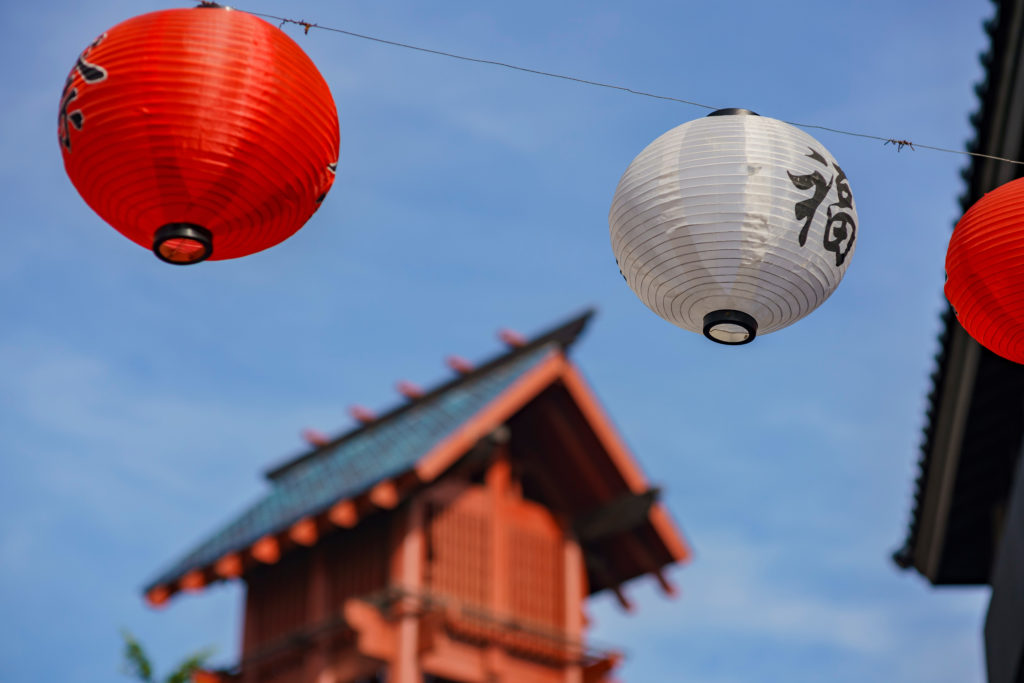 Lanterns and the roof of a building in Little Tokyo, Los Angeles, California
