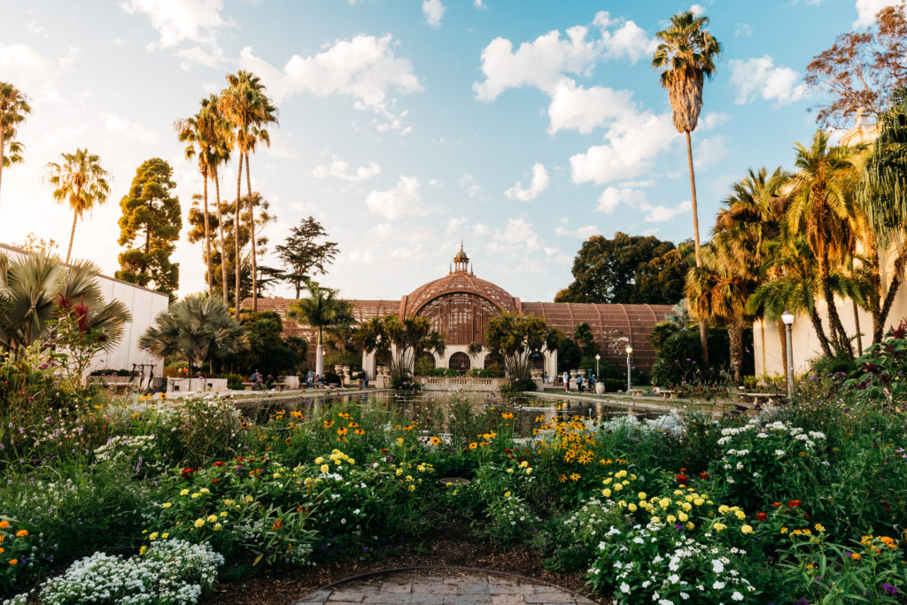 Botanical building and surrounding landscape in Balboa Park in San Diego, California