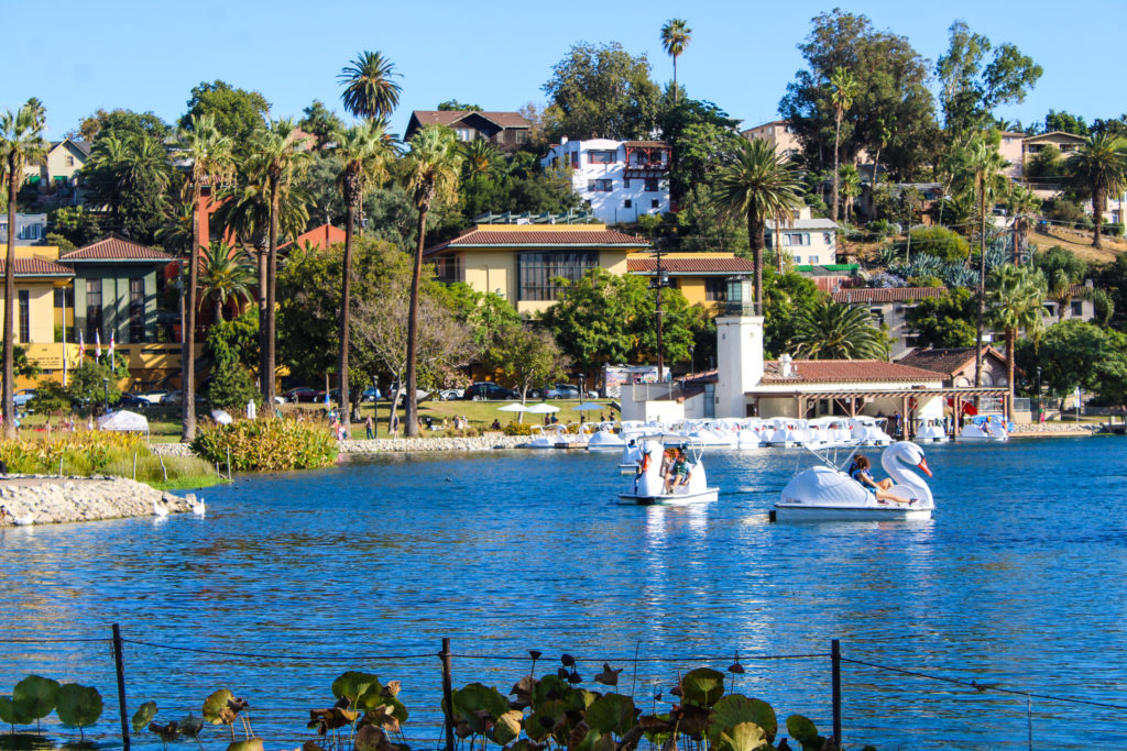 Swan boats on Echo Lake in Echo Lake Park in Los Angeles, California