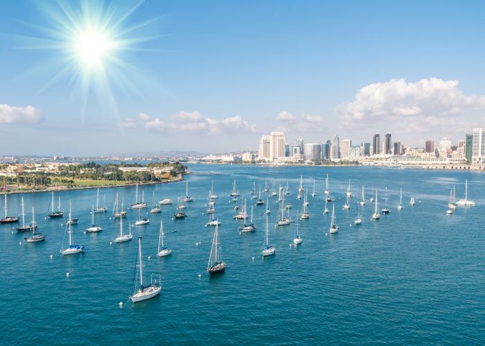 San Diego skyline and waterfront with several boats