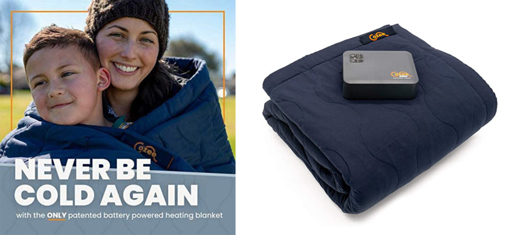 A mother and son wrapped in the Cozee Battery-Powered Heated Blanket with text saying "Never be cold again with the only patented battery powered heating blanket" (left) and the Cozee Battery-Powered Heated Blanket folded up with battery pack on top (right)