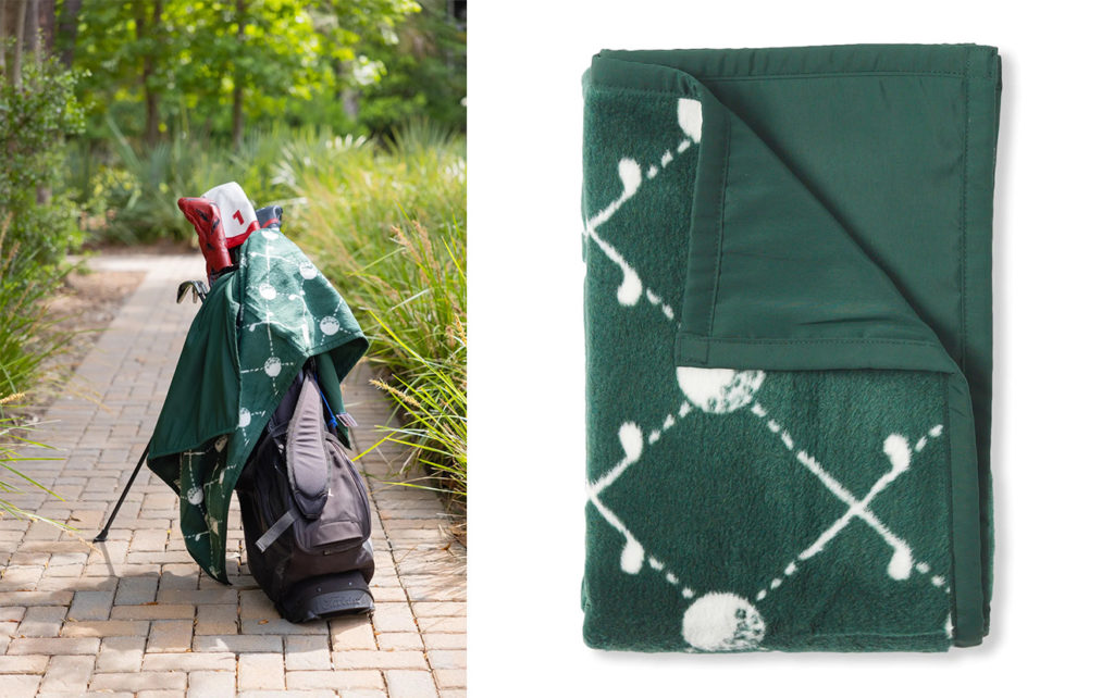 Green ChappyWrap outdoor blanket on top of set of golf clubs (left) and folded version of the same blanket (right)