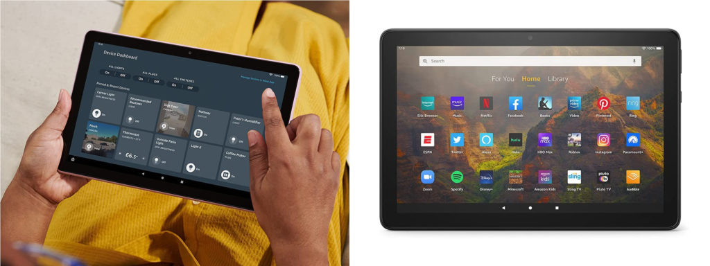 Close up of hands using the Amazon's Fire HD 10 tablet (left) and a close up of the home screen of the Amazon's Fire HD 10 tablet (right)
