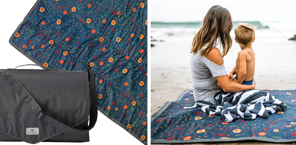 Corner of the Little Unicorn Indoor/Outdoor Blanket and carrying case (left) and mother and son sitting on the Little Unicorn Indoor/Outdoor Blanket at the beach (right)
