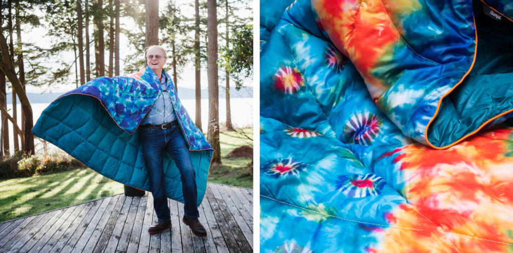 Special artist edition of the Rumpl NanoLoft Puffy Blanket, the artist (pictured left) dancing with the blanket and a close up of the design (pictured right)