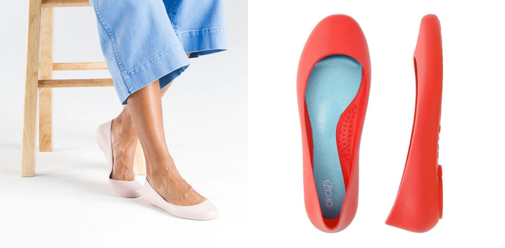 Close up of feet wearing Oka-B Taylor Ballet Flats in pink (left) and an overhead view of the same shoes in red (right)