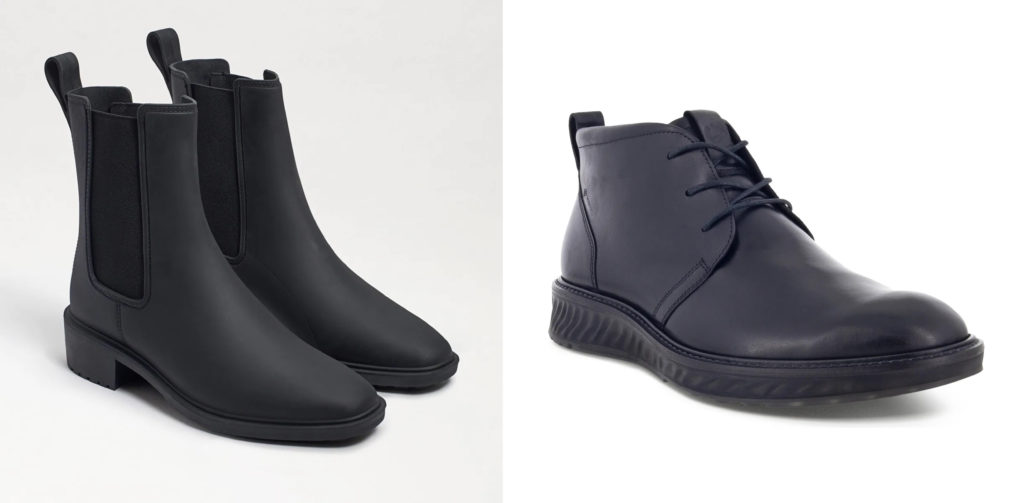 Pair of Sam Edelman Sue Booties (left) and Ecco Turn GTX Chelsea Boots (right)