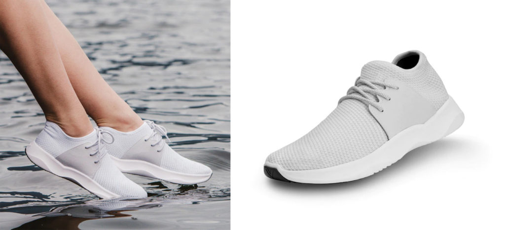 Close up of person dangling feet wearing Vessi Everyday shoes over a body of water (left) and a side view of a single shoe from the set (right)
