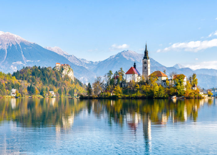 Lake Bled with the Julian Alps in the background in Slovenia