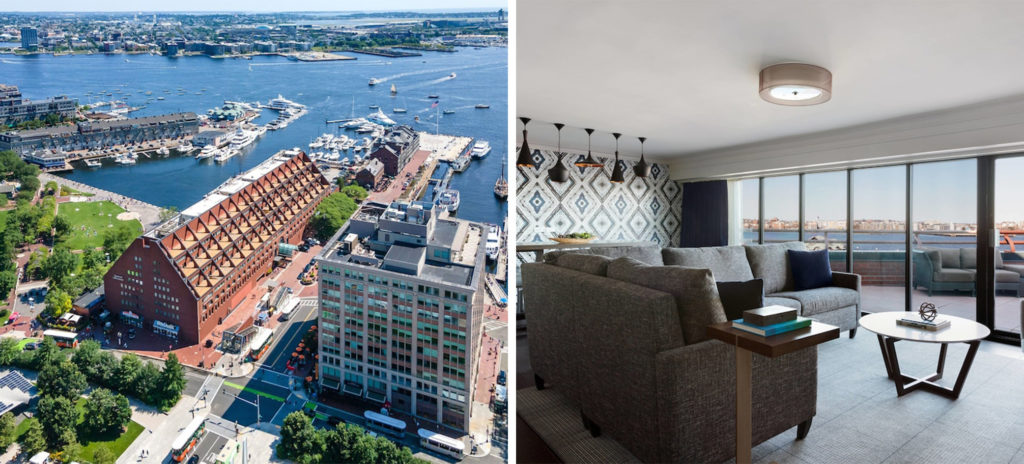 Aerial view of the Boston Marriott Long Wharf hotel overlooking the water full of boats (left) and interior seating area with floor-to-ceiling windows overlooking the water (right)