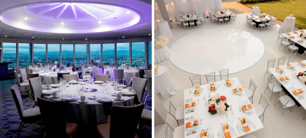 Event space at Hyatt Place LAX Century Boulevard with floor-to-ceiling windows overlooking Los Angeles set up for a wedding (left) and an aerial view of an outdoor event space at Hyatt Place LAX Century Boulevard set up for a wedding (right)