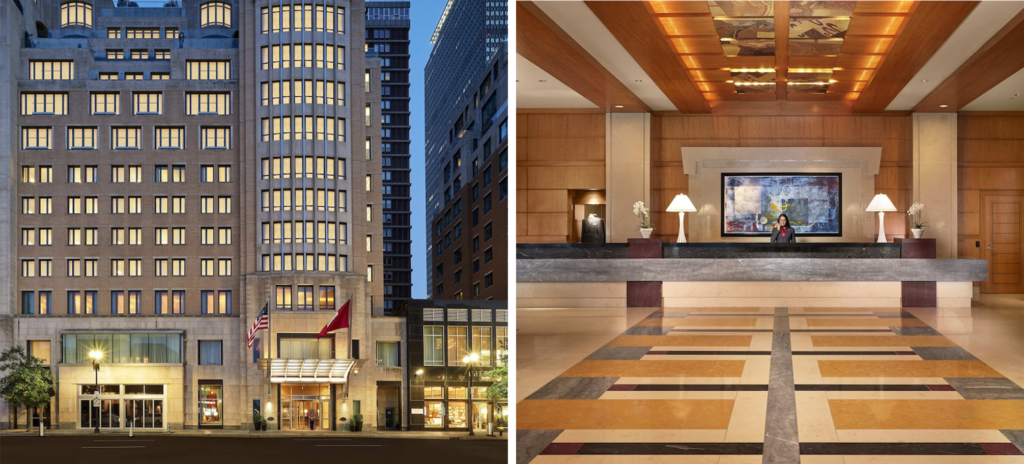 Exterior of The Row Hotel in Boston, Massachusetts (left) and interior spiral staircase and seating area with floor-to-ceiling windows (right)