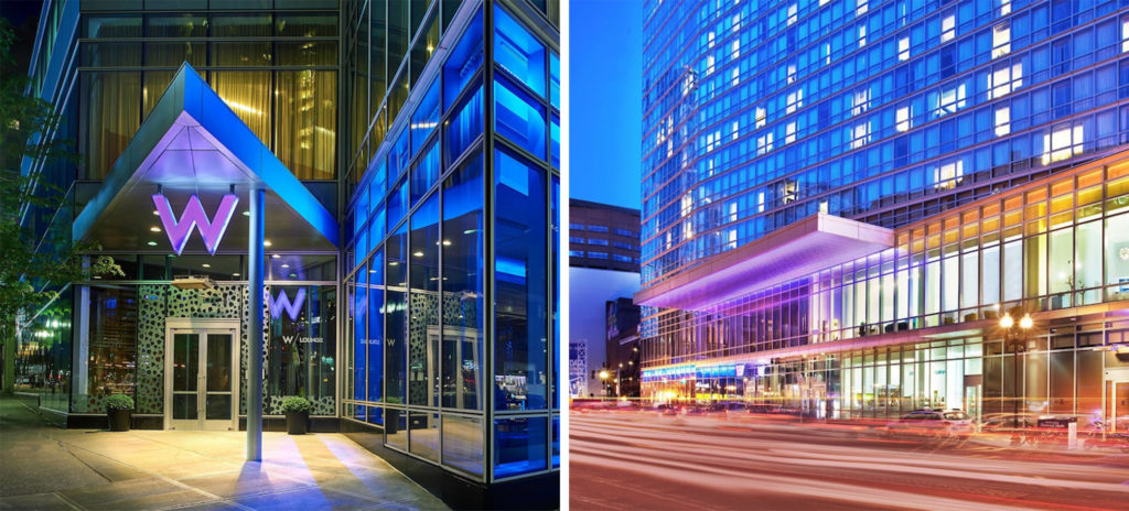 Front entrance of The W Hotel Boston (left) and exterior view from the street of The W Hotel Boston (right)