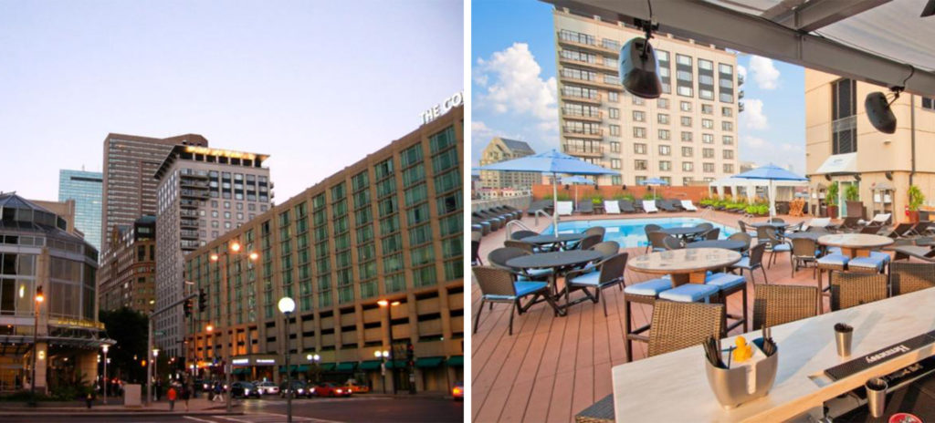 Exterior of the Colonnade Hotel in Boston, Massachusetts (left) and deck pool area with seating and a bar (right)