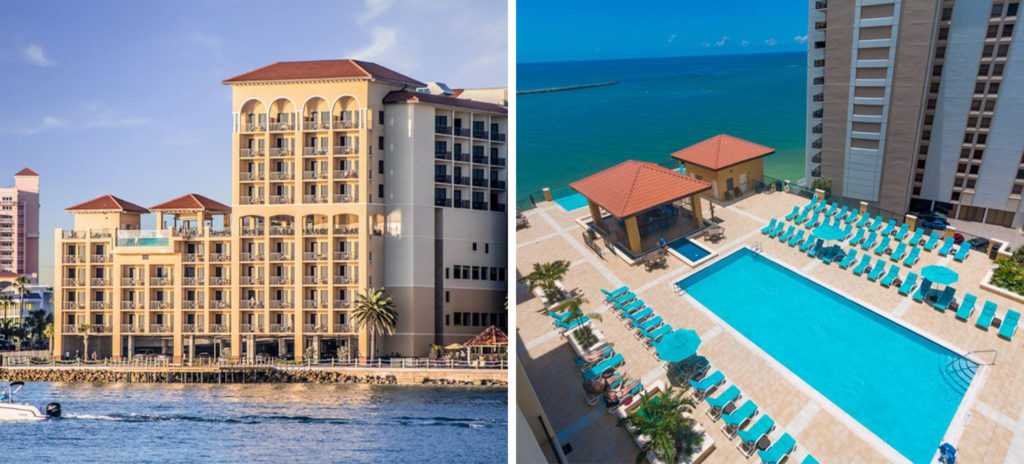 Exterior view of the Edge Hotel Clearwater (left) and aerial view of the pool area (right)