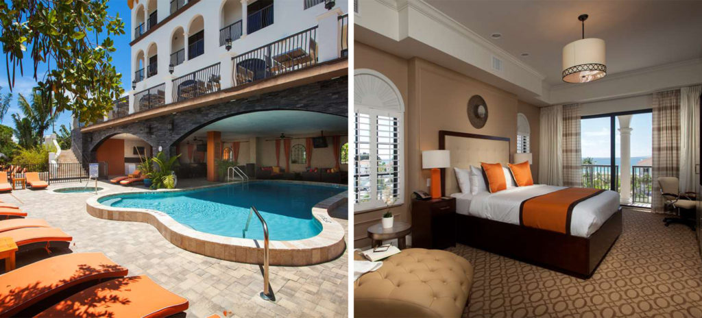 Pool and outdoor lounge area at Hotel Zamora (left) and interior of a room (right)
