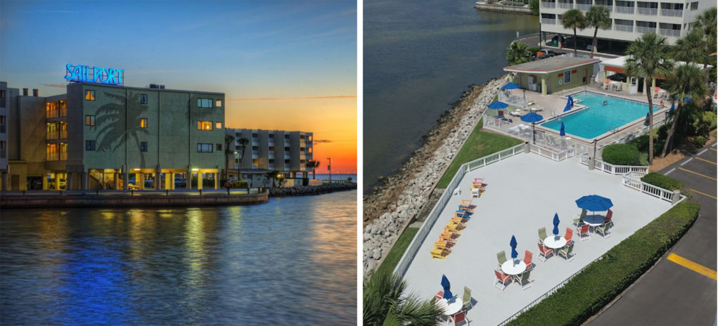 Exterior of Sailport Waterfront Resort over water at sunset (left) and aerial view of the pool and patio area (right)
