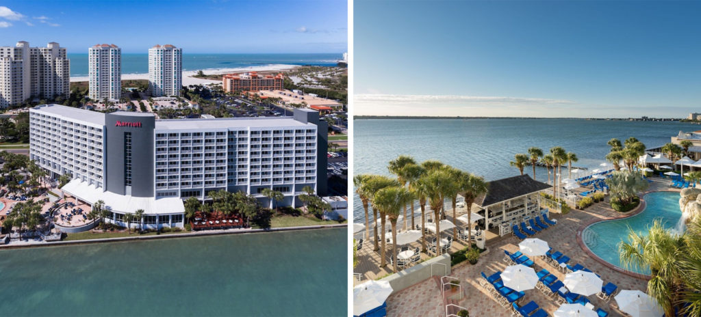 Aerial view of the Clearwater Beach Marriott Suites on Sand Bay (left) and aerial view of the pool area and surrounding water (right)