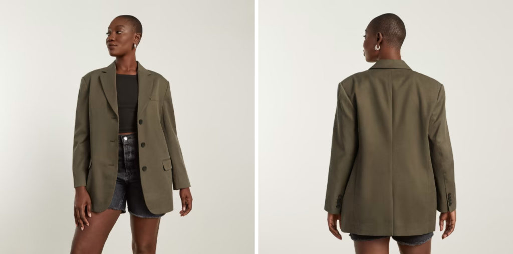 Model showing the front and back of the Everlane The 80s blazer