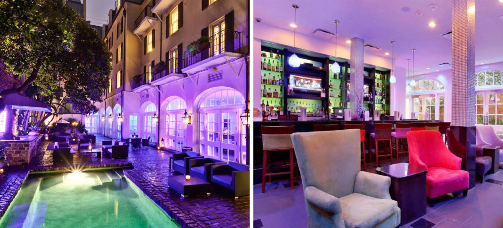 Outdoor sitting area at the Hotel Le Marais bathed in purple light (left) and indoor bar area with comfortable chairs and bar stools bathed in purple light (right)