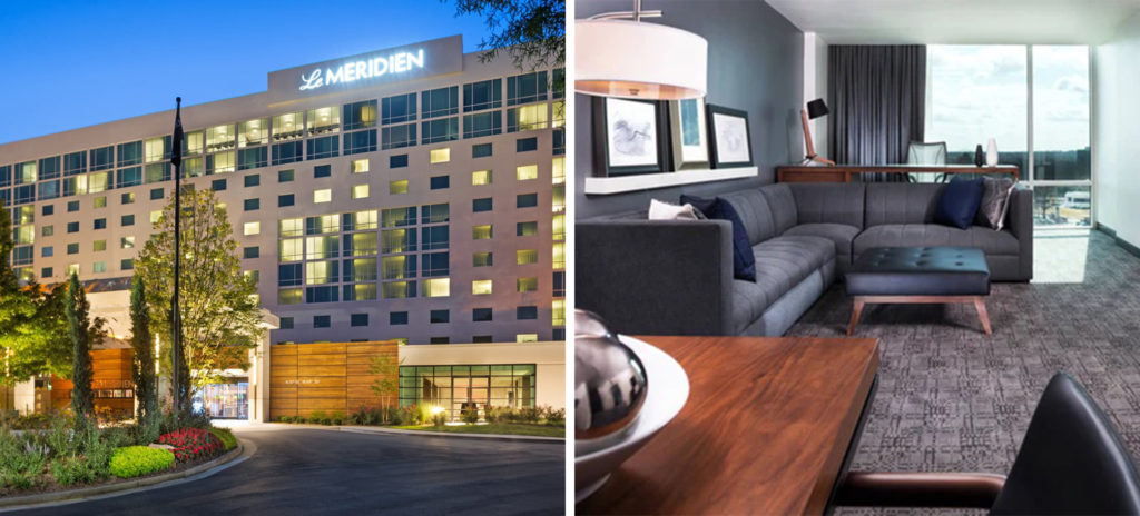 Front exterior of the Le Meridien hotel in Atlanta (left) and interior lounge area of a suite at Le Meridien (right)