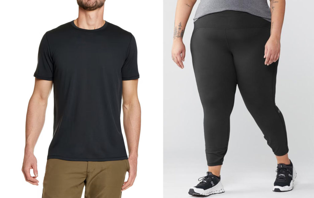 Huckberry Proof's 72-Hour Merino Wool T-Shirt (left) and Active Pursuit 7/8 Tights from REI Co-op (right)