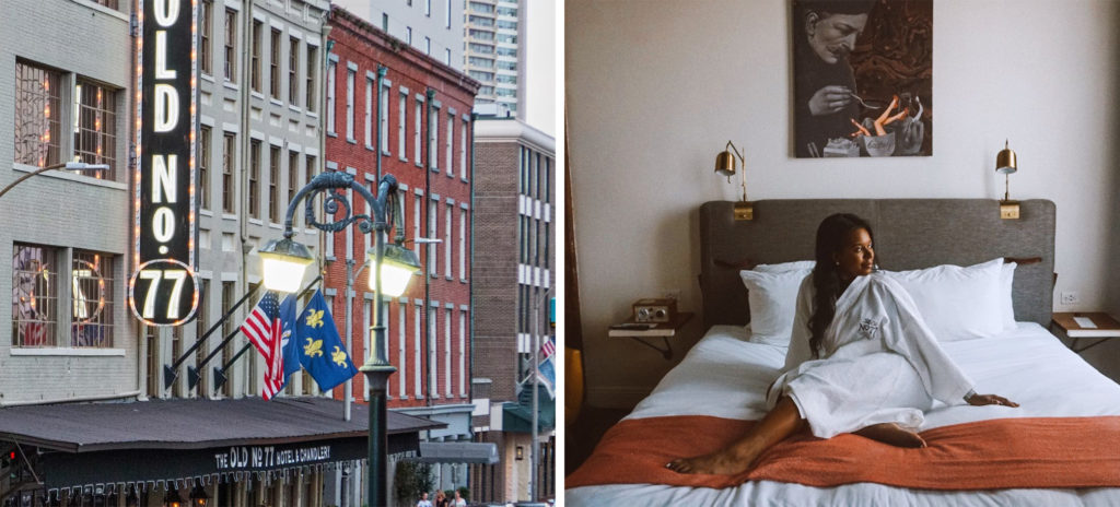 Old fashioned sign for the Old No. 77 Hotel & Chandlery at the property's front entrance (left) and a woman lounging on a bed covered in white and orange bedding at Old No. 77 Hotel & Chandlery (right)
