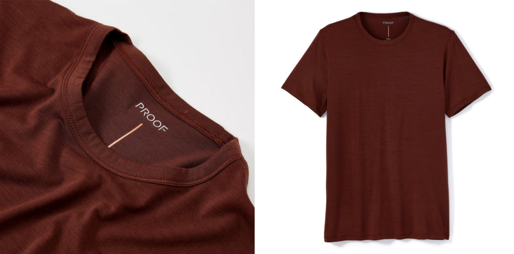 A close up of the 72-Hour Merino Tee in red (left) and a full view of the 72-Hour Merino Tee (right)