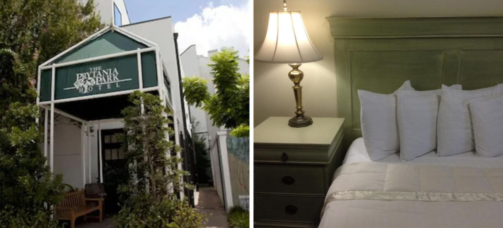 Front entrance of the Prytania Park Hotel (left) and a bed and bedside table with a glowing lamp (right)