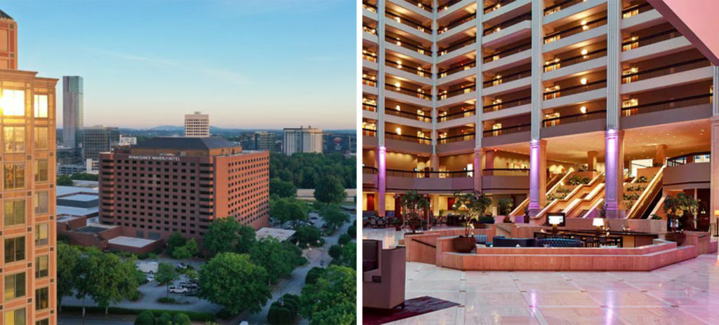 Exterior of the Renaissance Atlanta Waverly Hotel and Convention Center (left) and interior lobby area with multiple levels overlooking the first floor at the Renaissance Atlanta Waverly Hotel and Convention Center (right)