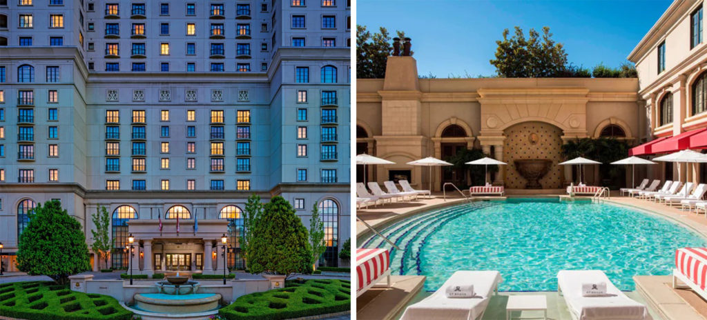 Front entrance of the The St. Regis Atlanta (left) and pool area of the The St. Regis Atlanta with surrounding seating (right)