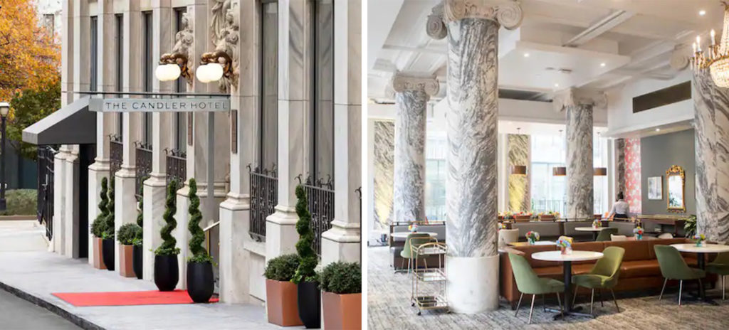 Exterior front entrance of the The Candler Hotel Atlanta (left) and interior seating area with marble pillars at The Candler Hotel Atlanta (right)