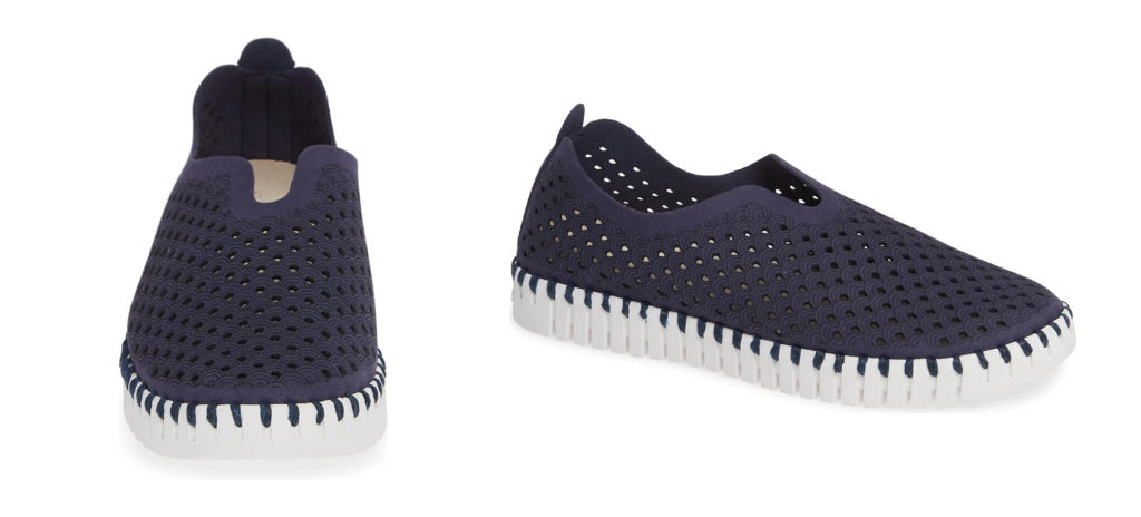 Two angles of the Ilse Jacobsen Tulip Perforated Slip-on Sneaker in deep blue