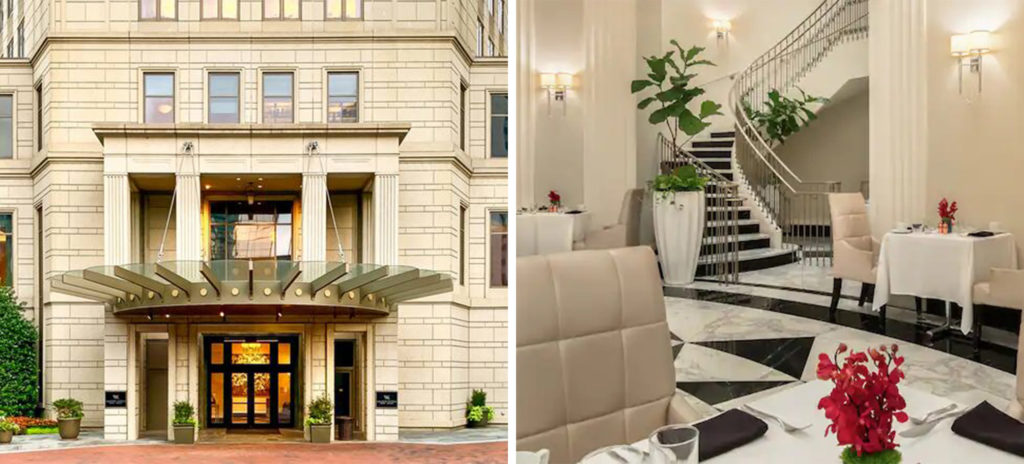 Front entrance of the Waldorf Astoria Atlanta Buckhead (left) and interior lobby area with spiral stairs, marble floors, and dining seating area (right)
