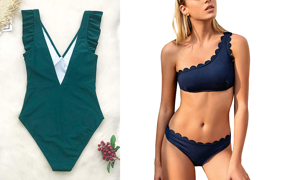 Flat lay of the CUPSHE Women's One Piece Swimsuit V Neck Ruched Ruffle Shoulder Swimwear Bathing Suits (left) and Woman wearing the CUPSHE Women's Solid Wavy Edge One-Shoulder Bikini Set Rain of Petals (right)