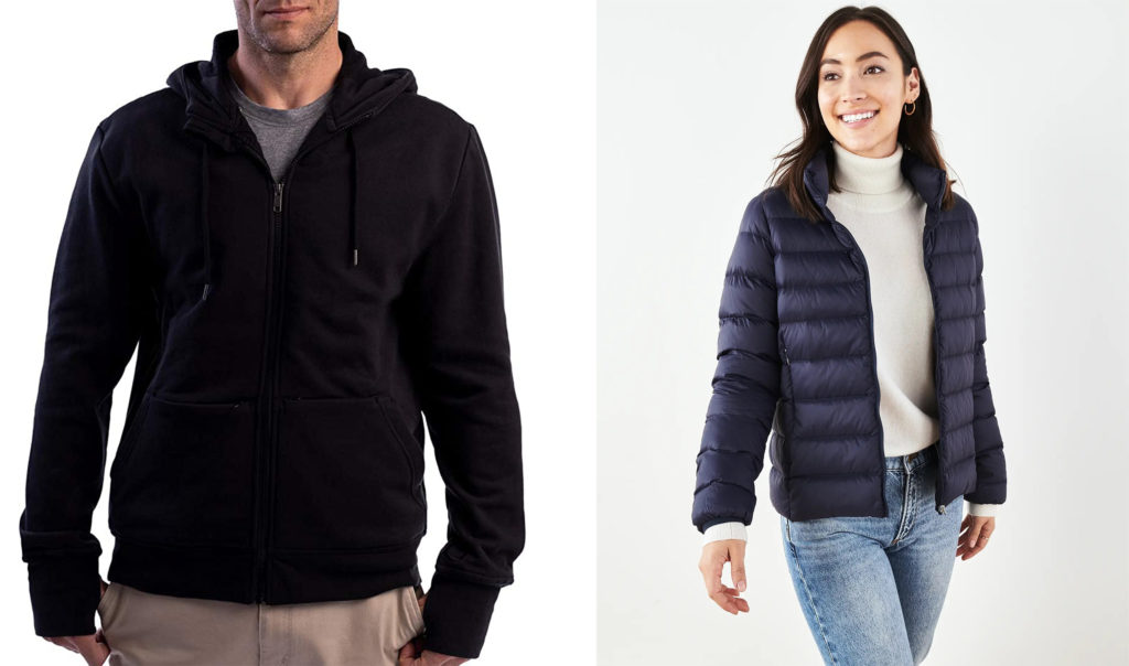 The SCOTTeVEST cotton hoodie in black (left) and a woman wearing the Lightweight Down Puffer Jacket from Quince (right)