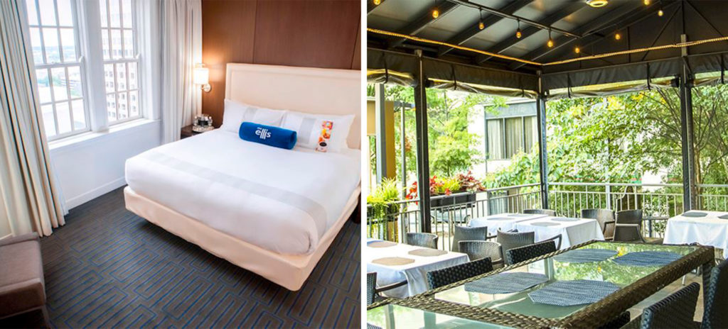 Bedroom at the The Ellis Hotel with blue branded Ellis pillow (left) and outdoor dining patio surrounded by greenery (right)