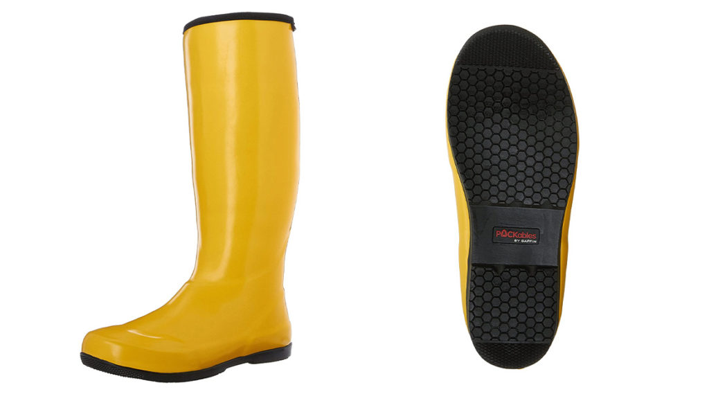 Single yellow rain boot (left) and bottom sole of that rain boot (right)