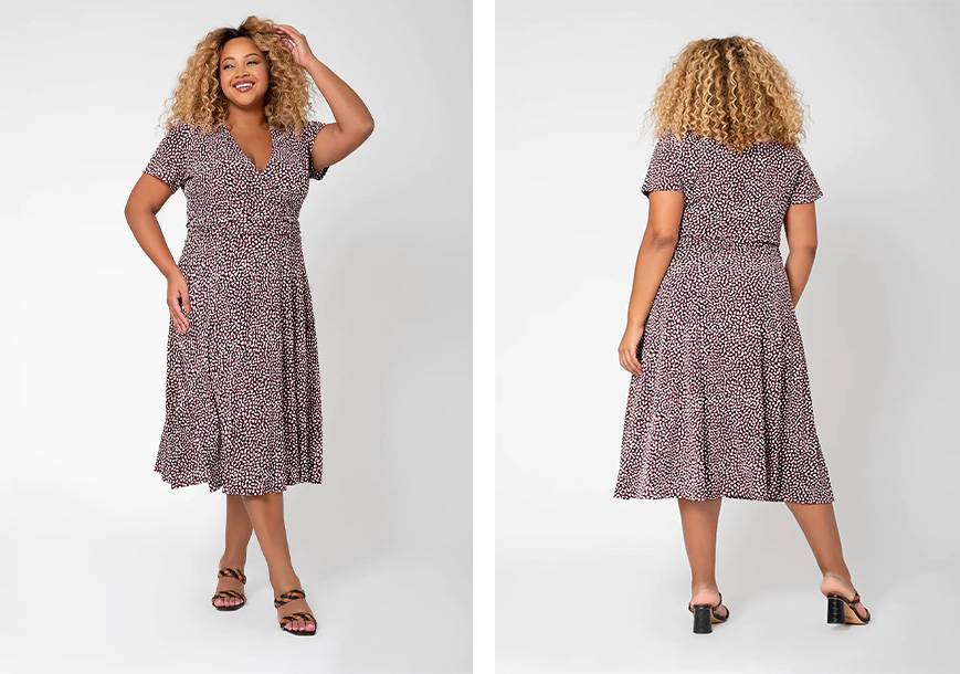 Woman modeling the front and back of the Amiya Wrap Midi Dress
