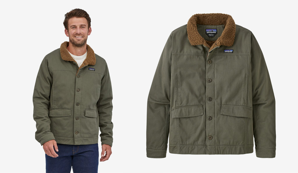 Model wearing the Patagonia Lined Maple Grove Canvas Jacket in green (left) and a close up of the same jacket laid flat (right)