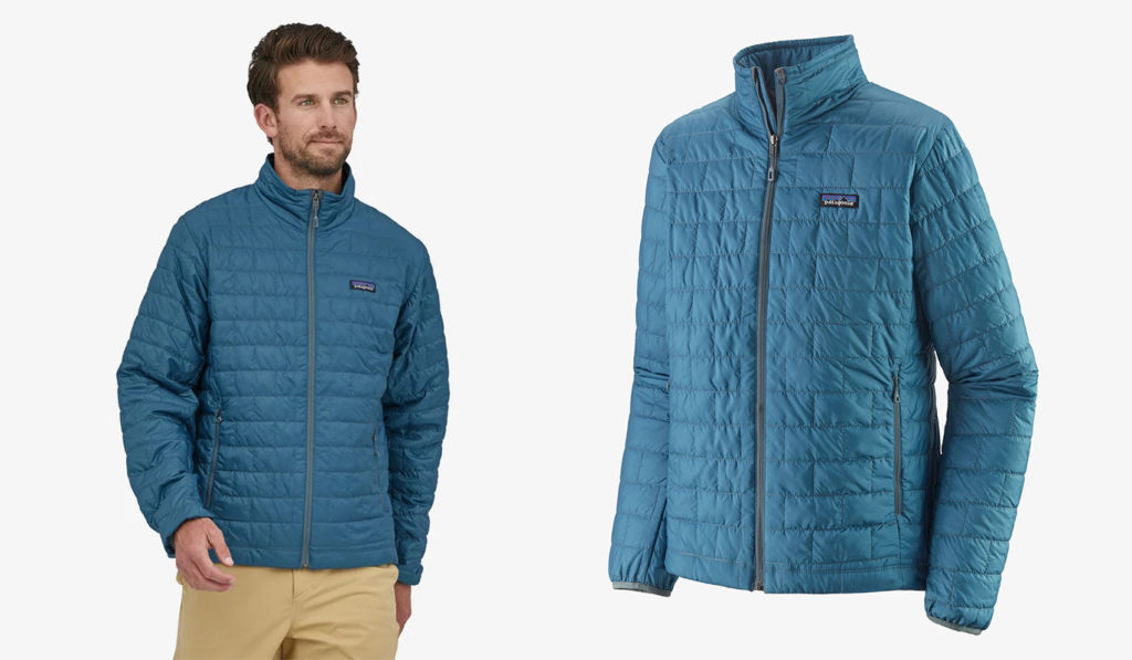 Model wearing the Patagonia Nano Puff Jacket in blue (left) and close up of the same jacket (right)