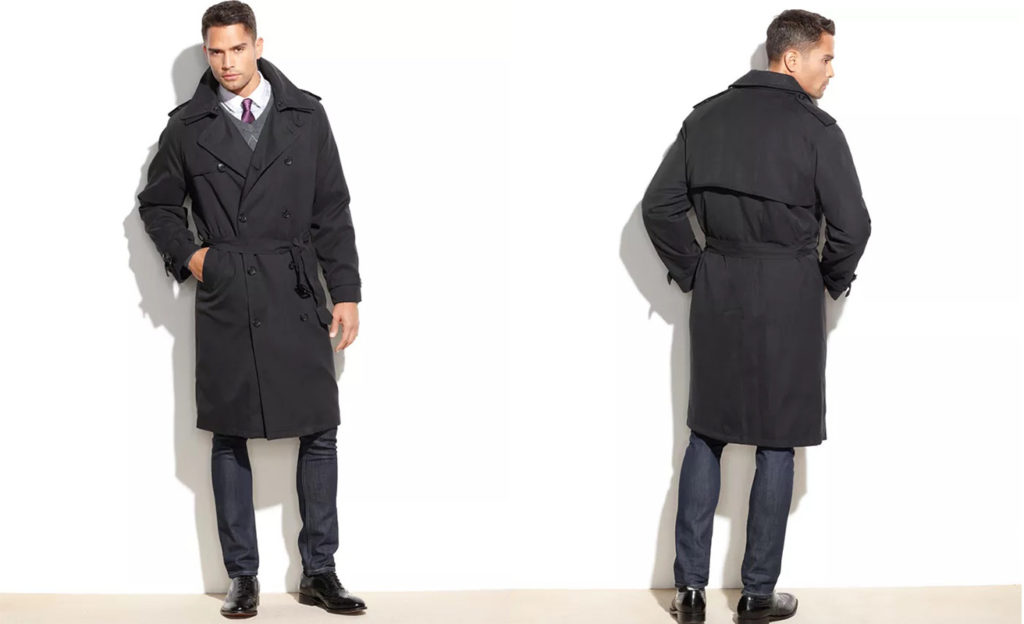 Model showing the front and back of London Fog Men’s Iconic Trench Coat in black