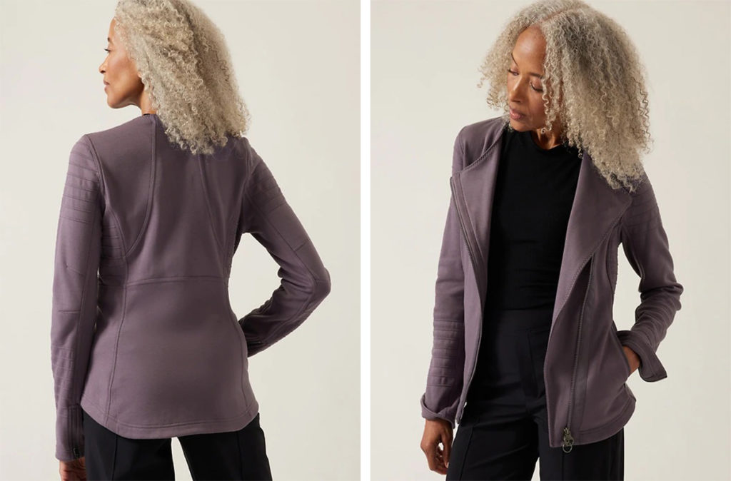 Model showing the front and back of the Athleta Moto Jacket in dusty purple