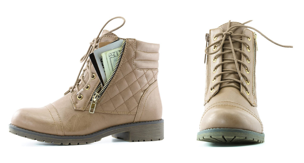 DailyShoes Pocket Boots in light tan with storage pocket unzippered, showing money and credit cards inside (left) and the same boot facing forward (right)