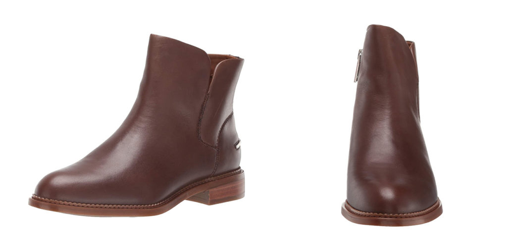 Two views of the FrancoSarto Happily Bootie in a red-brown color