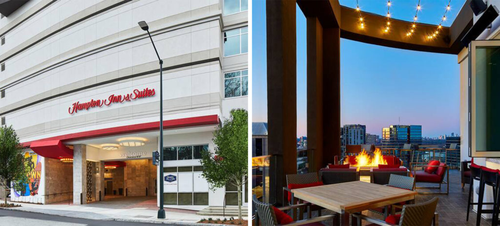 Front entrance of Hampton Inn & Suites Atlanta Midtown (left) and exterior patio area with seating and firepits at dusk (right)