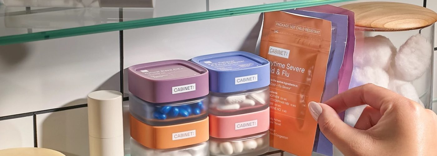 Bathroom shelf stocked with Cabinet branded OTC medications