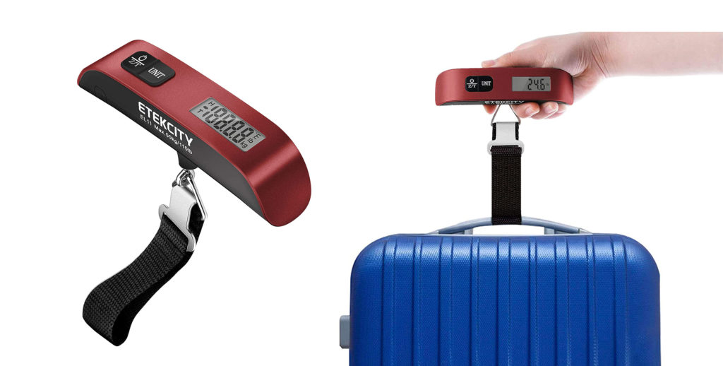 Standalone image of Etekcity Luggage Scale (left) and close up of hand using Etekcity Luggage Scale   to weigh a blue suitcase (right)