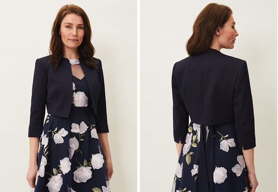 Model showing the front and back of the Phase Eight Karlee Textured Occasion Jacket